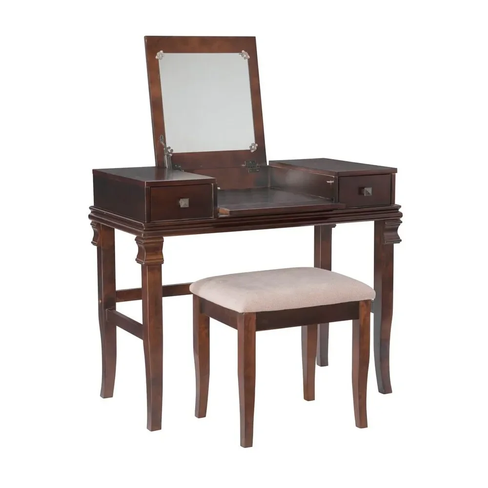 Linon Home Decor Clarkia The Angela Walnut Vanity Set Storage Table/Bench NewBox